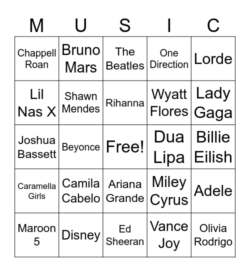 Bingo For Teens - Music Bingo Card