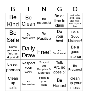 Ms. Rose Art Room Rules Bingo Card