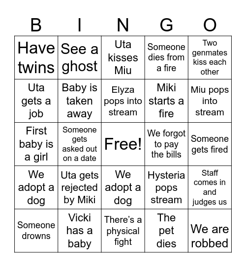 Uta Unhinged Bingo Card