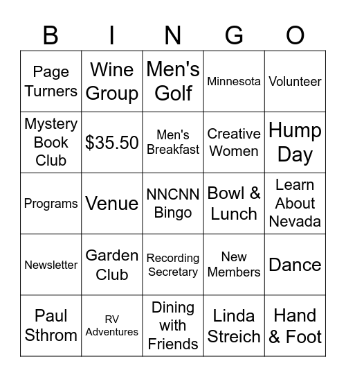 NNCNN Activity Luncheon Bingo Card