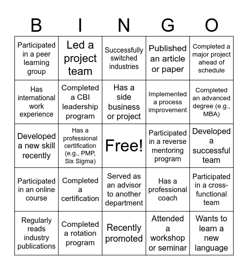 Career Development Bingo Card