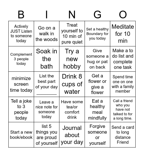 HROA Emotional Welness Bingo Card