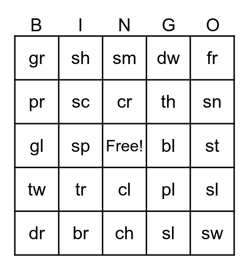 40            Digraph and Beginning Blends Bingo Card