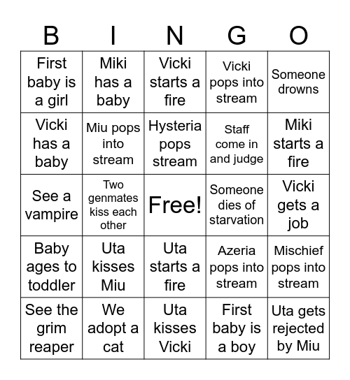 Uta's Unhinged Bingo Card