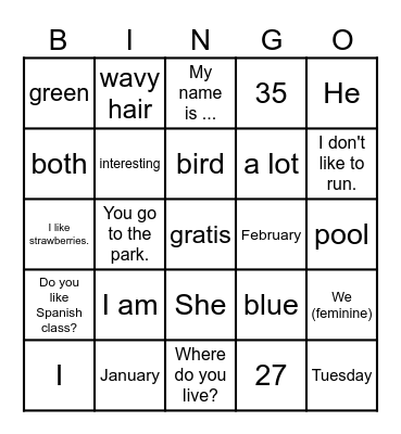 Spanish 1- January Review Bingo Card