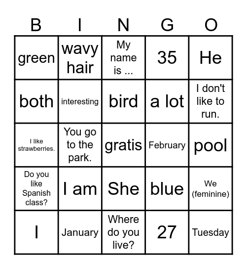 Spanish 1- January Review Bingo Card