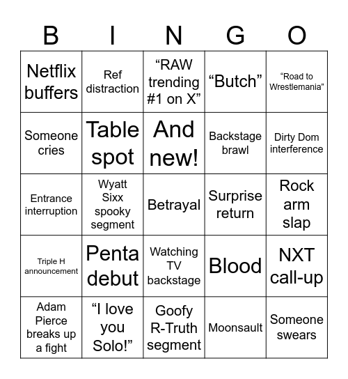 RAW on Netflix Bingo Card