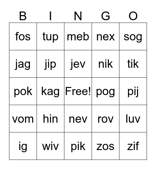 Nonsense Words-1st Grade Bingo Card