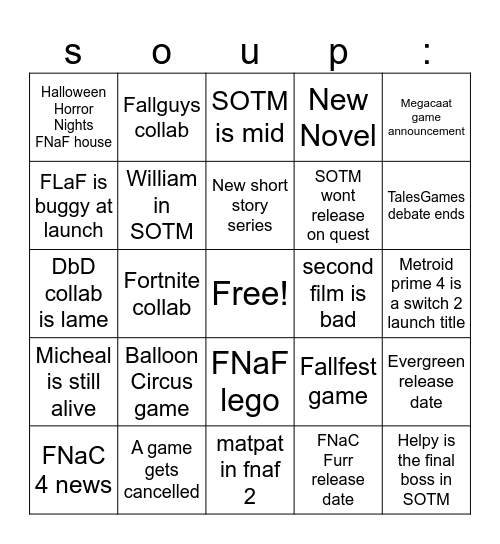 FNAF 2025 Bingo Card