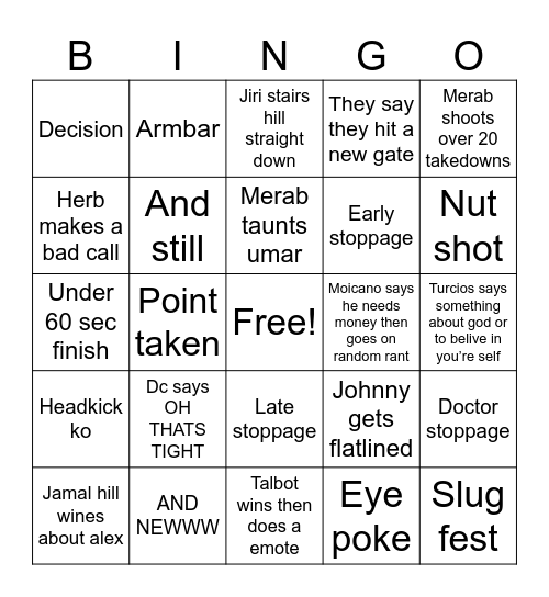 UFC 311 Bingo Card