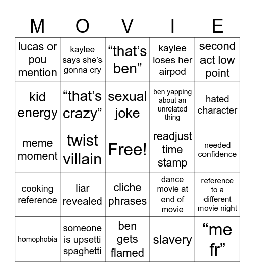 Movie Night Bingo Card