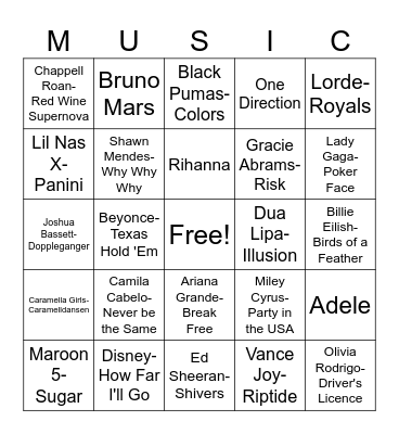Bingo For Teens - Music Bingo Card