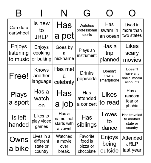 Getting to Know You Bingo Card