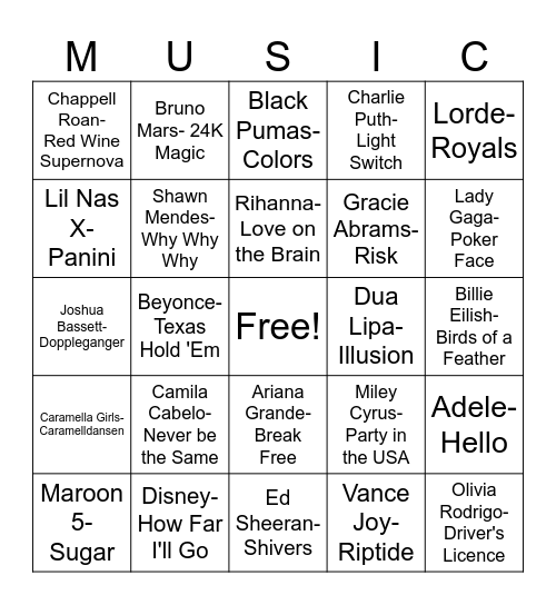 Bingo For Teens - Music Bingo Card