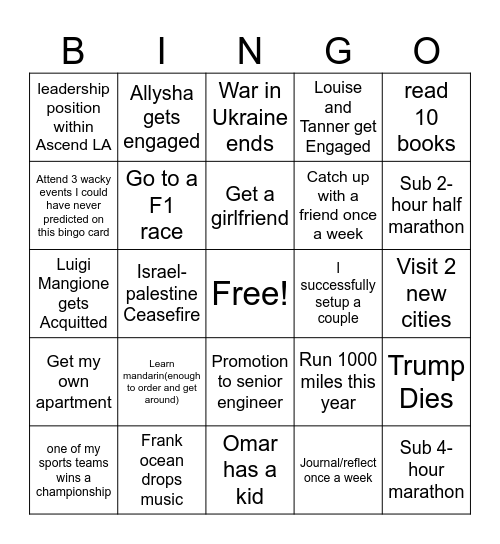 2025 Bingo Card Bingo Card