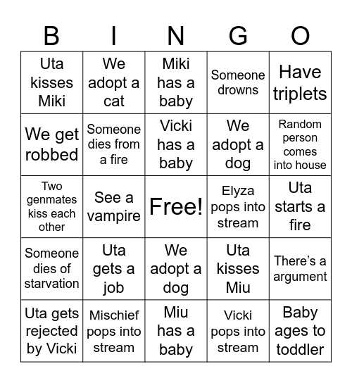 Uta's Unhinged Bingo Card