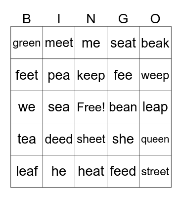 Long E (e, ee, ea) Bingo Card