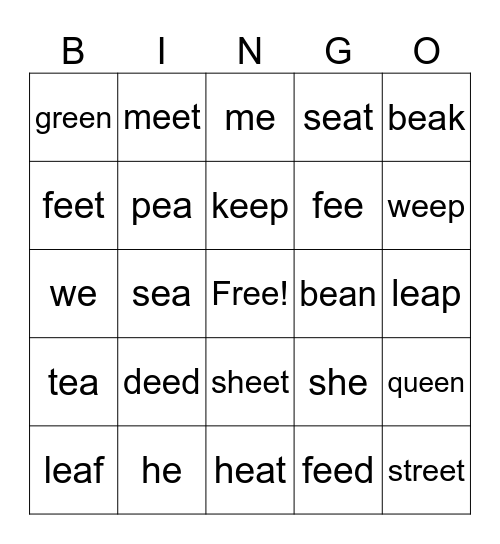 Long E (e, ee, ea) Bingo Card