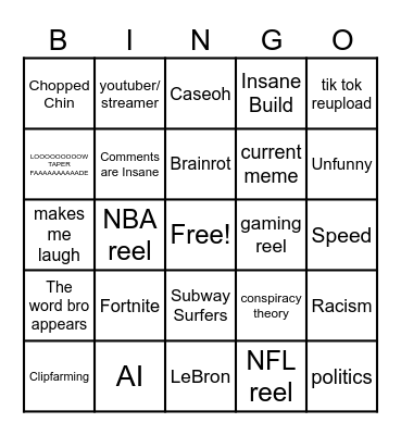 Instagram reel bingo Card