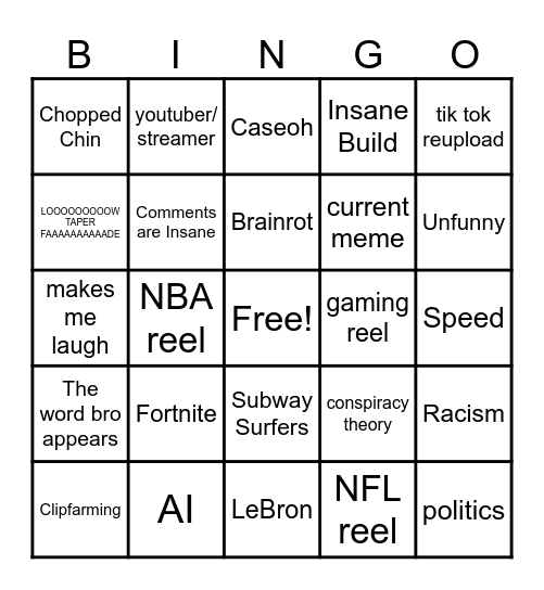 Instagram reel bingo Card