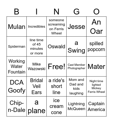 DCA-California Adventure Bingo Card