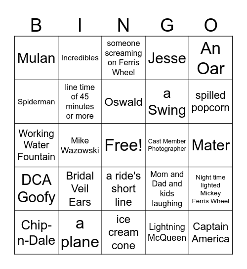 DCA-California Adventure Bingo Card