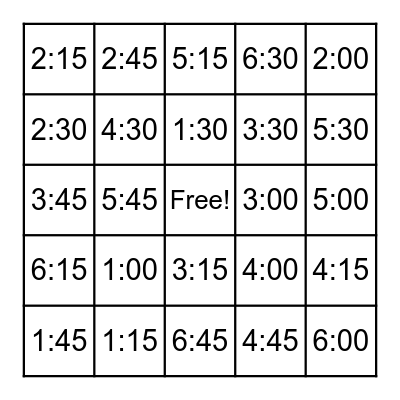 Time to Quarter Hour Bingo Card