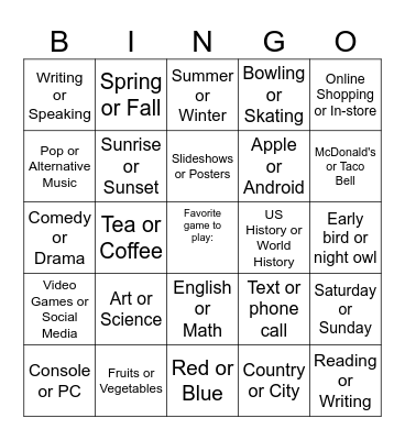 This or That Bingo Card