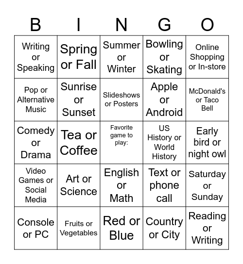 This or That Bingo Card