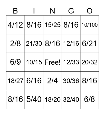 Equivalent Fraction BINGO Challenge Bingo Card
