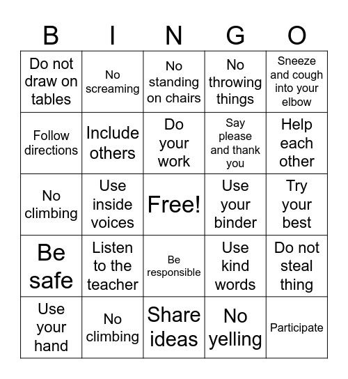 Classroom Rules Bingo Card