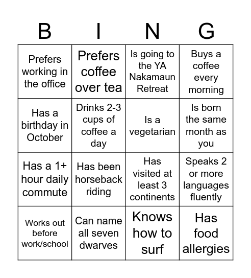 Young Adults Bingo Card