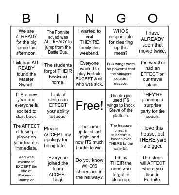 Commonly Misused Words Bingo Card