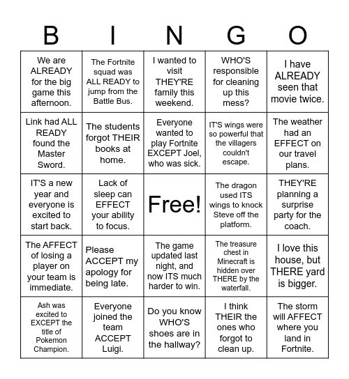 Commonly Misused Words Bingo Card