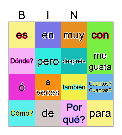 Preposiciones Bingo Card