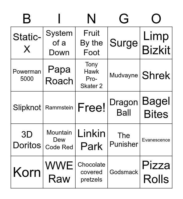 Late 90s To Early 00s Weird Kid Bingo Card