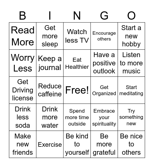 New Year's Resolution BINGO Card