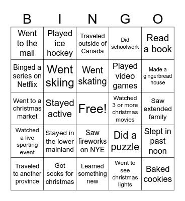 Winter Break Bingo Card