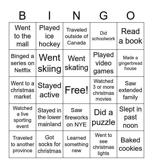 Winter Break Bingo Card