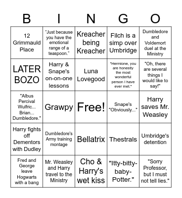 Harry Potter and the Order of the Phoenix Bingo Card