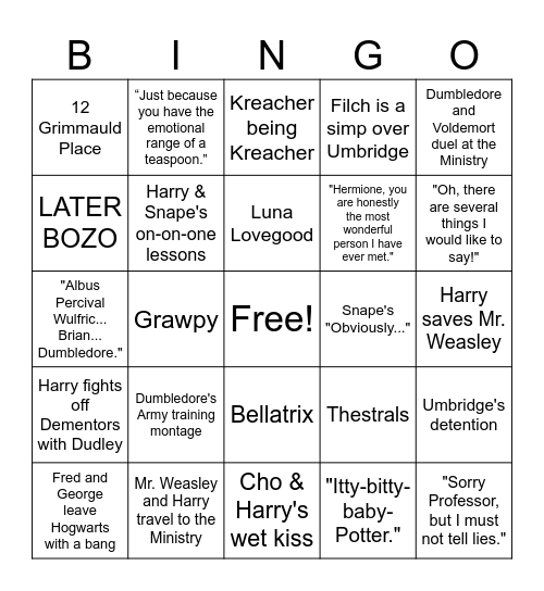 Harry Potter and the Order of the Phoenix Bingo Card