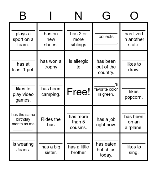 Classmate BINGO. Have the classmate who fits the description write their name on your paper. Bingo Card