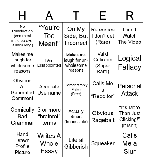 Negative Comment Bingo Card