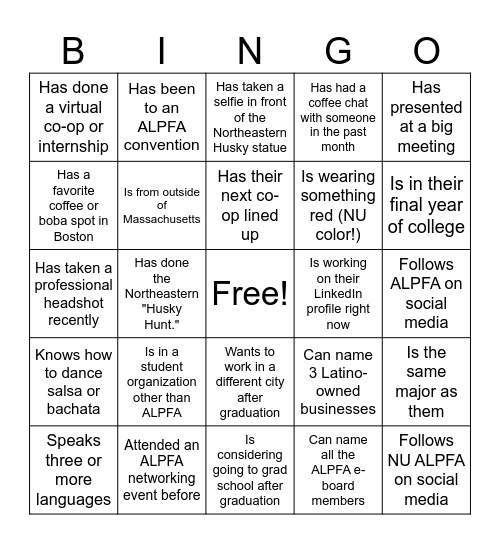 ALPFA Networking Bingo Card