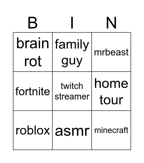 Youtube short bingo Card