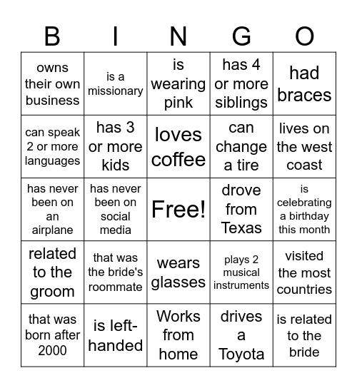 Find the Guest: Burnett Wedding Bingo Card