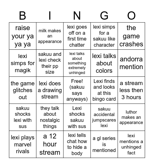 Lexi stream bingo card for the week Bingo Card