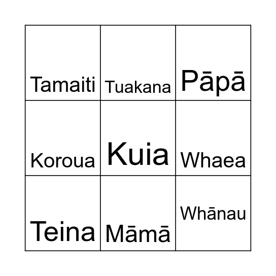 Whānau Bingo Card