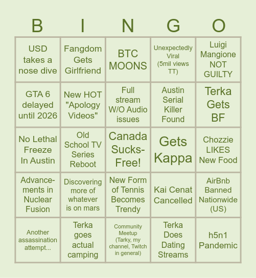 Terka & Friends 2025 Bingo Card