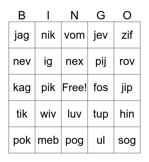Nonsense Words - 1st Grade Bingo Card